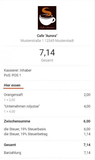 Die Essensoption wird im E-Beleg angezeigt und an die E-Mail-Adresse des Kunden gesendet.