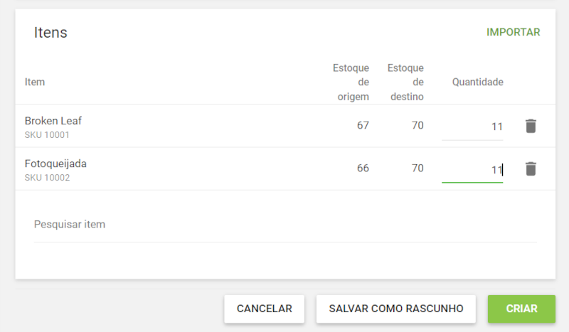 seção Ítens