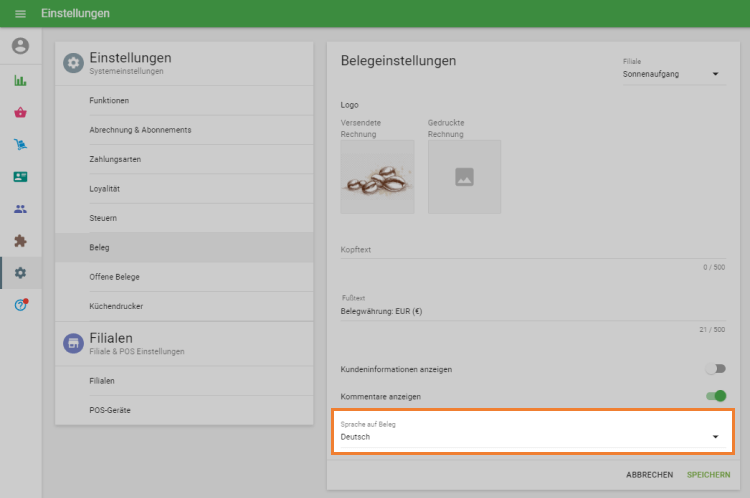 Sprache des Belegs