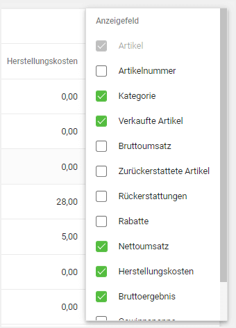 können die angezeigten Spalten einrichten