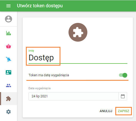 Formularz „Utwórz tokeny dostępu”